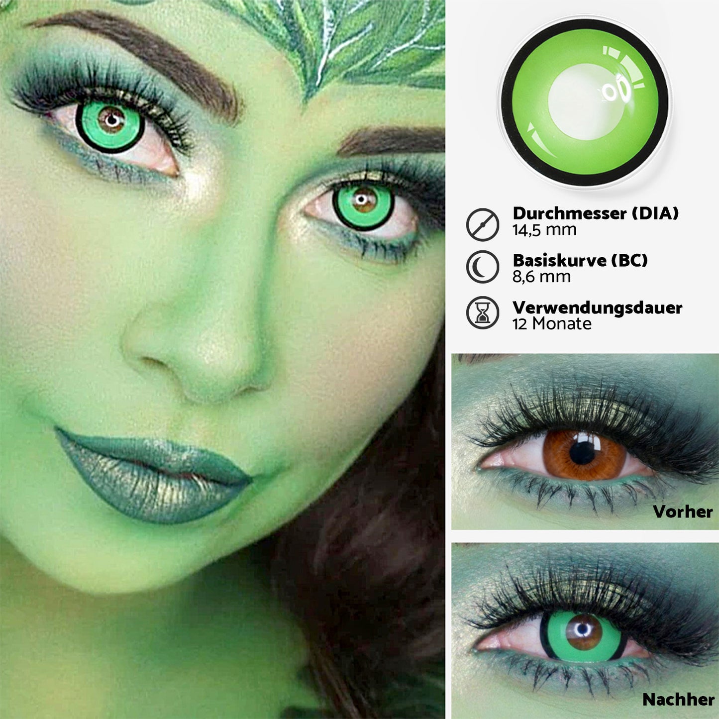 Vergleich Vorher-Nachher mit grünen Kobold Cosplay Halloween Kontaktlinsen im Auge