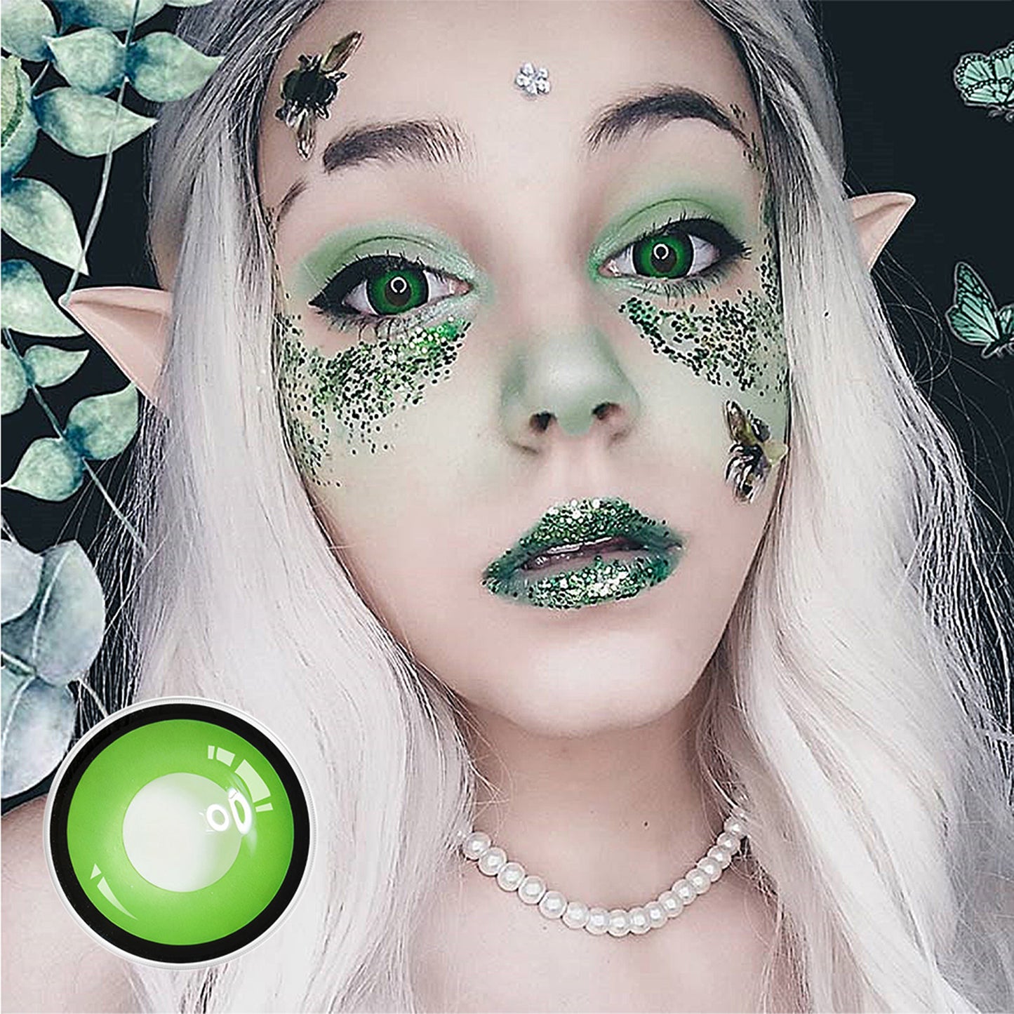 Nahaufnahme Kobold Cosplay Kontaktlinsen mit Fantasy-Make-up und Schmetterlingsdetails