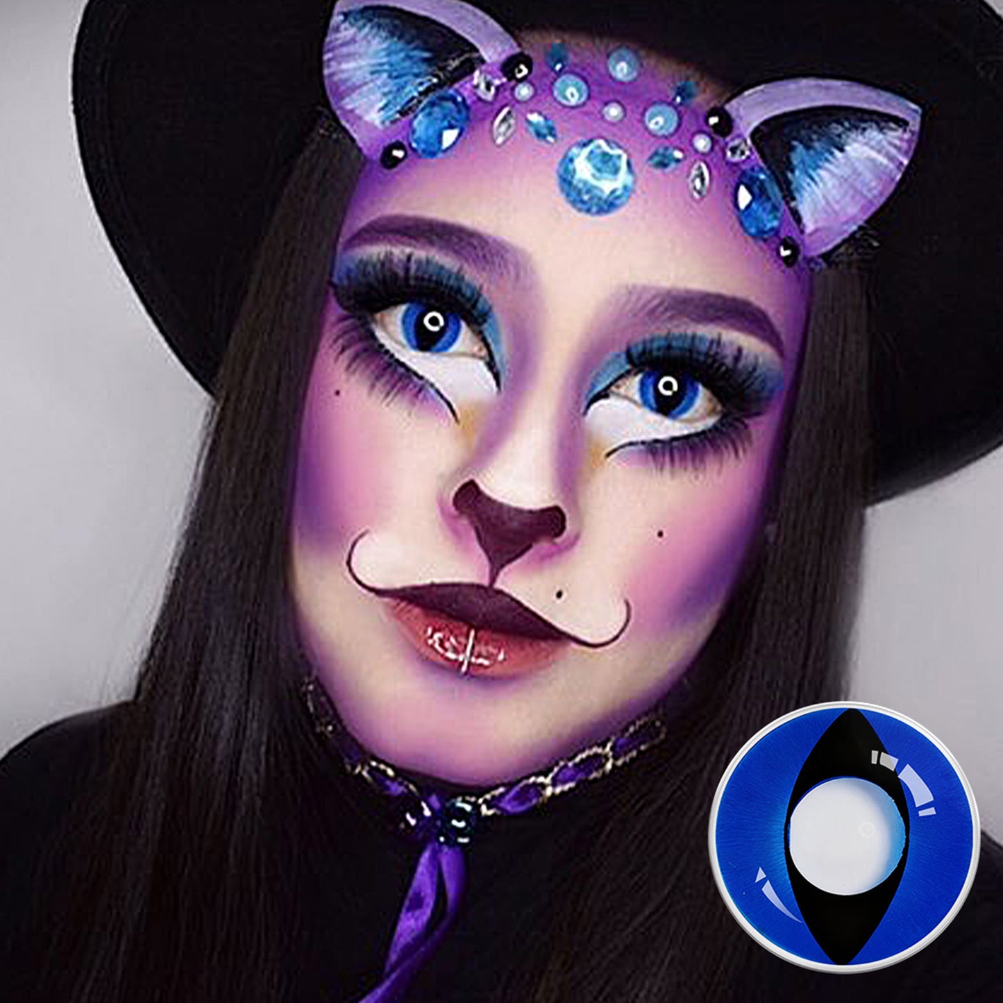 Cat Eye blaue Halloween Kontaktlinsen, Gothic-Look mit schwarzem Lippenstift und weißer Perücke, Jahreslinsen