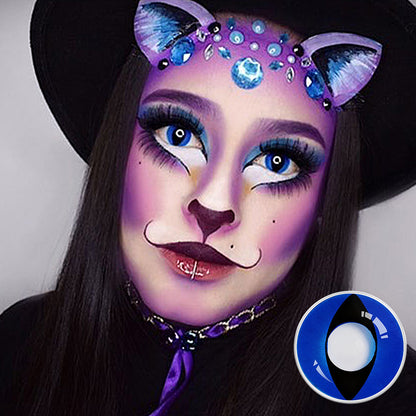 Cat Eye blaue Halloween Kontaktlinsen, Gothic-Look mit schwarzem Lippenstift und weißer Perücke, Jahreslinsen