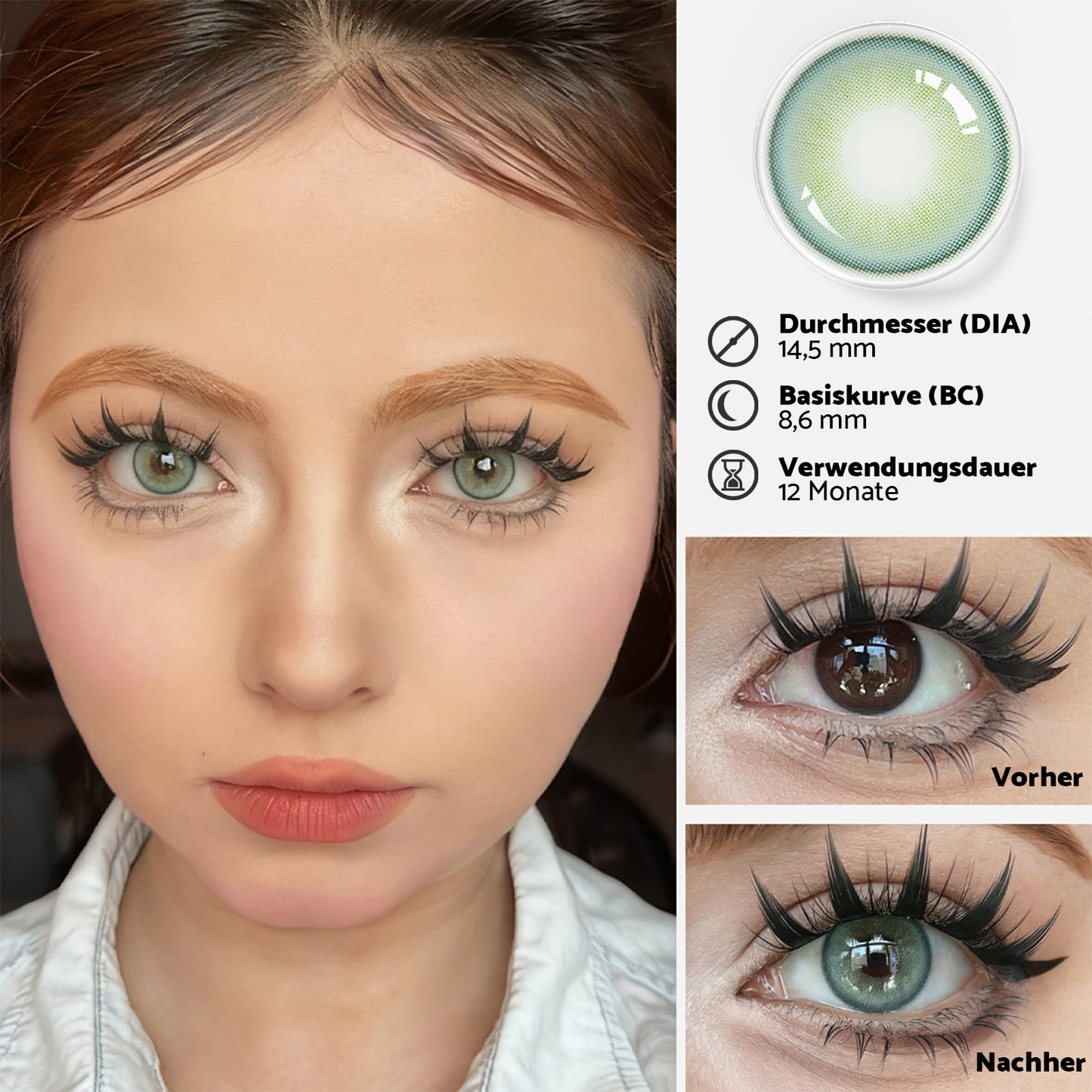 Aqua grüne Kontaktlinsen voher/nachher effekt