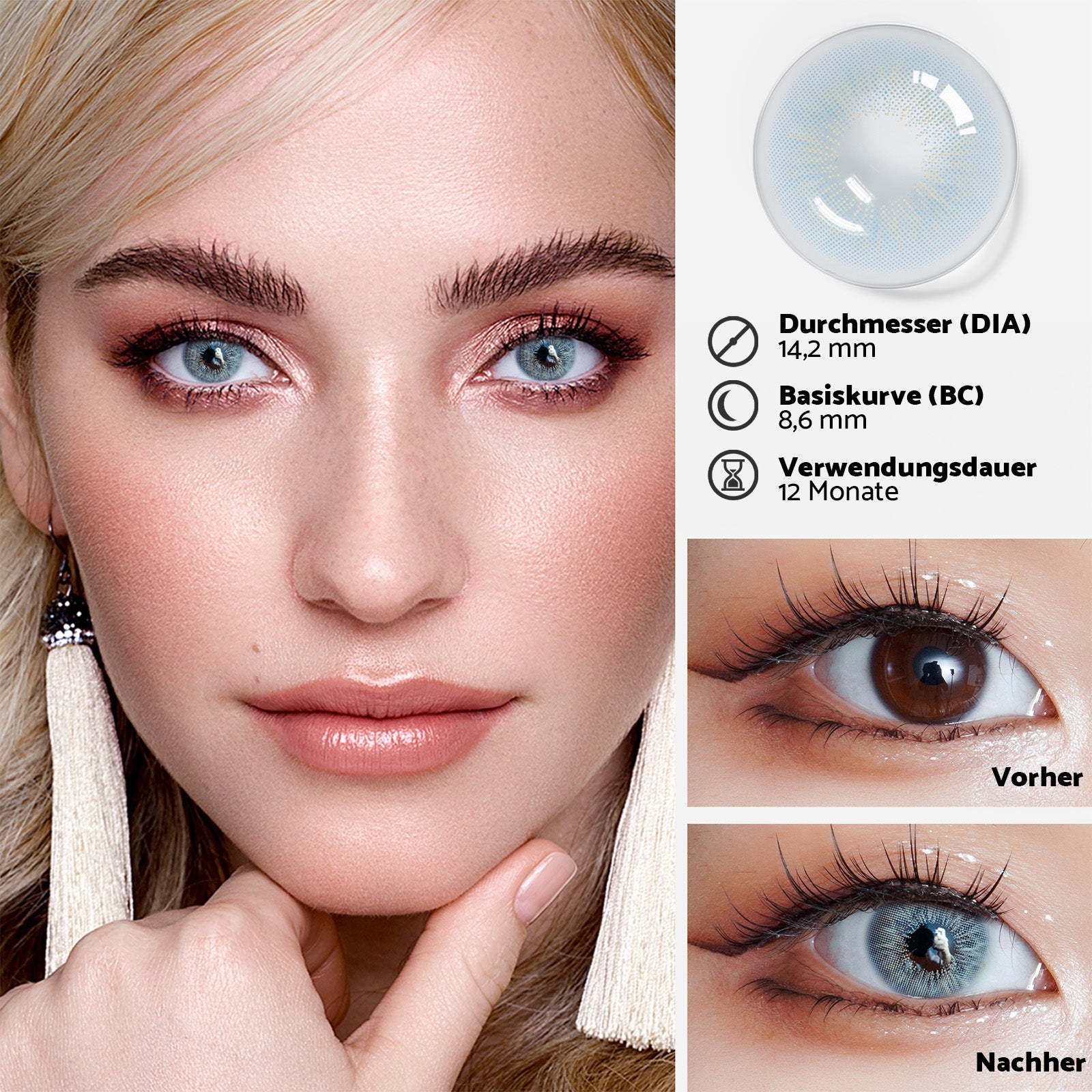 Jahreslinsen Ice Blau vorher/nachher Effekt