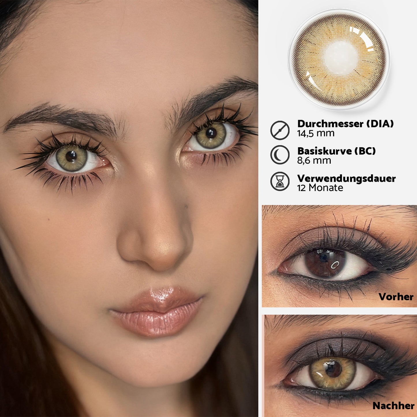 Jahreslinsen Twilight braun vorher/nachher effekt