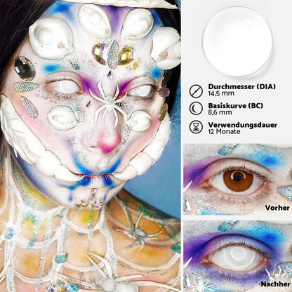 Weiße Halloween Kontaktlinsen, Vorher-Nachher Vergleich mit Fantasy-Make-up und Spinnendesign, Jahreslinsen 14,5 mm